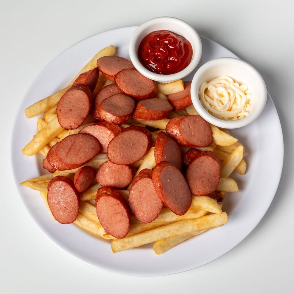 A plate of golden french fries topped with sliced, pan-fried sausages, served with ketchup and mayonnaise.