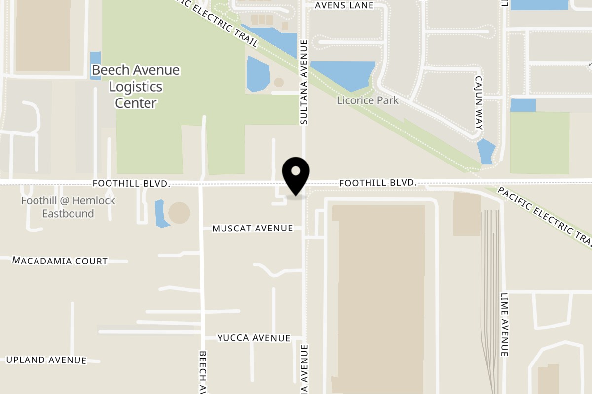 Map showing the location of Peruvian Restaurant Route 66 on 15395 Foothill Blvd in Fontana
